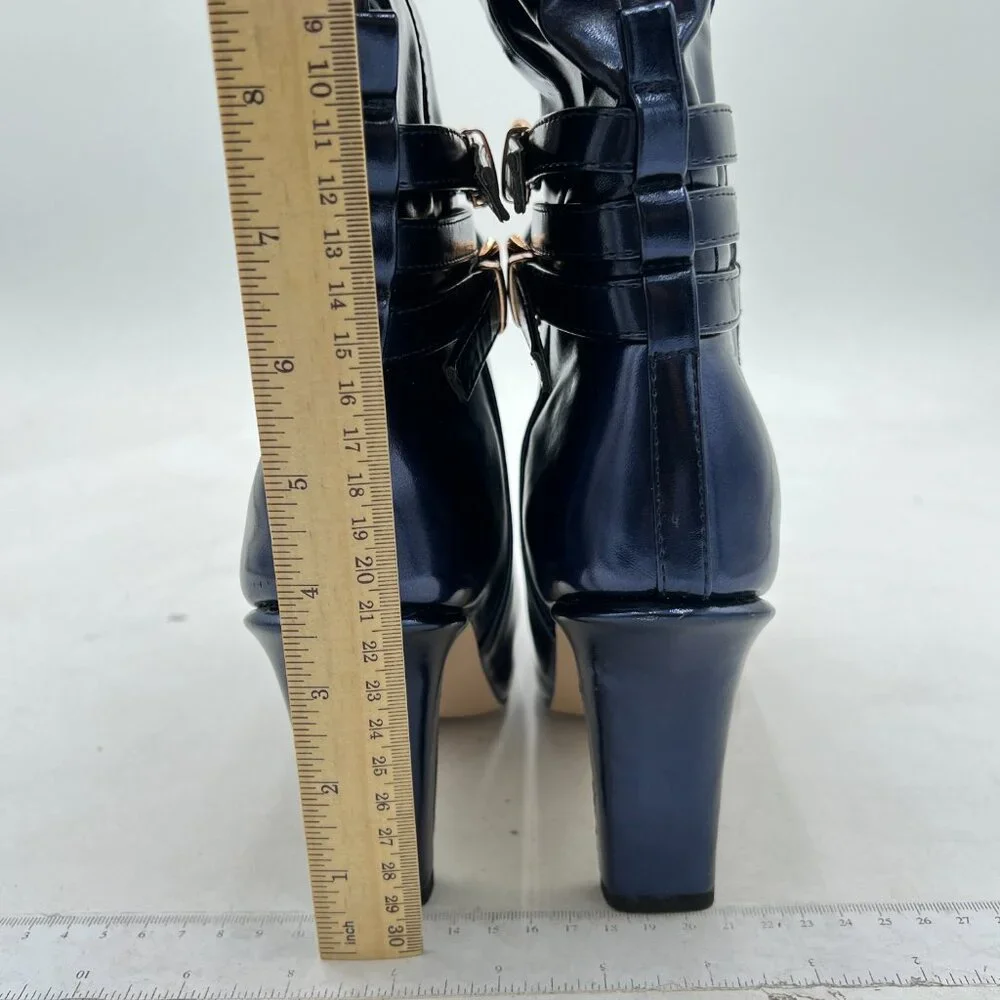 FSJ Dark Blue Knee High Boots Pull On Chunky Mid Heel Side Zipper Shoes - Picture 5 of 8
